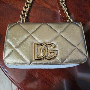 AUTH DOLCE & GABBANA METALLIC GOLD QUILTED LEATHER CHAIN SHOULDER BAG HANDBAG